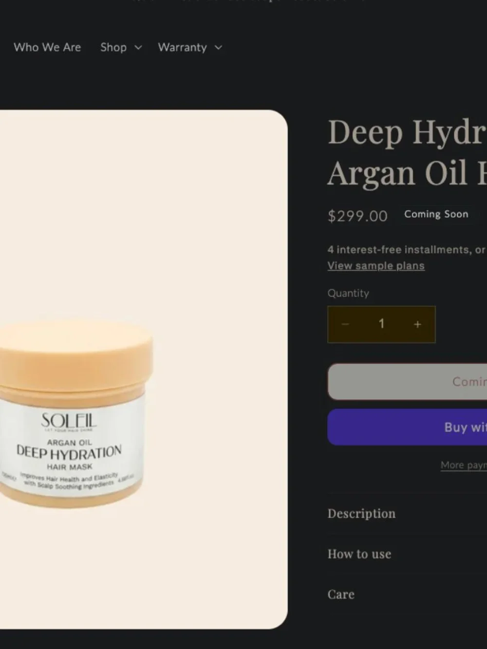 Soleil Argan Oil Deep Hydration Hair Mask 4.58 oz / 130ml Moisturizing Treatment